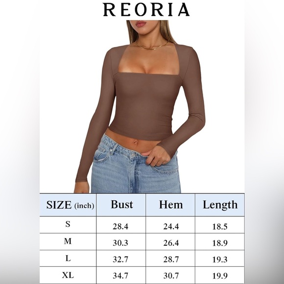 REORIA Women's Sexy Square Neck Long Sleeve Y2K Going Out T Shirt Crop Top - Picture 8 of 8